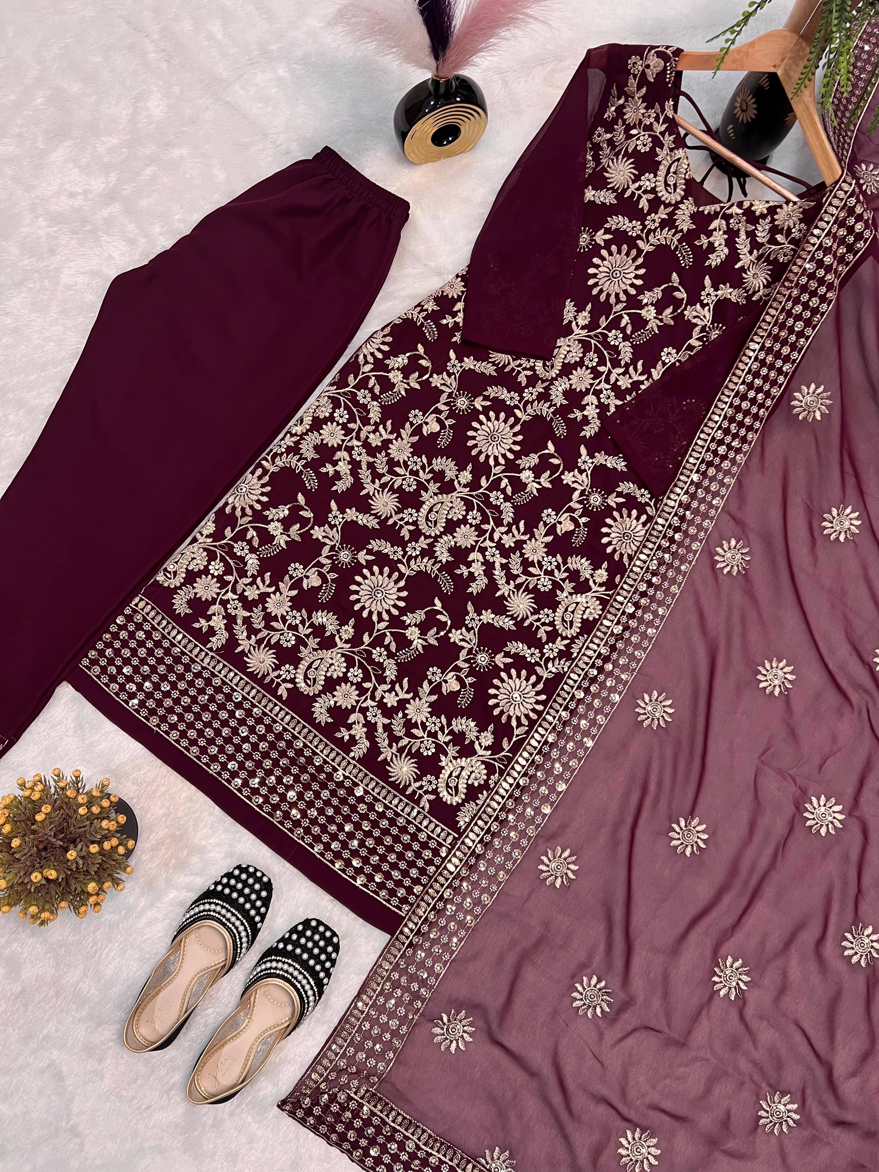 Fancy Faux Georgette Sequence Embroidered Top Pant Set with Dupatta Fancy Faux Georgette Sequence Embroidered Top Pant Set with Dupatta