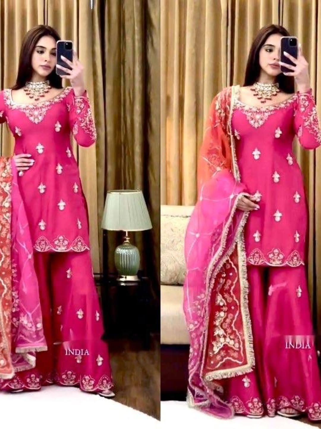 Designer Cinon Silk Top, Sharara & Dupatta Set Designer Cinon Silk Top, Sharara & Dupatta Set