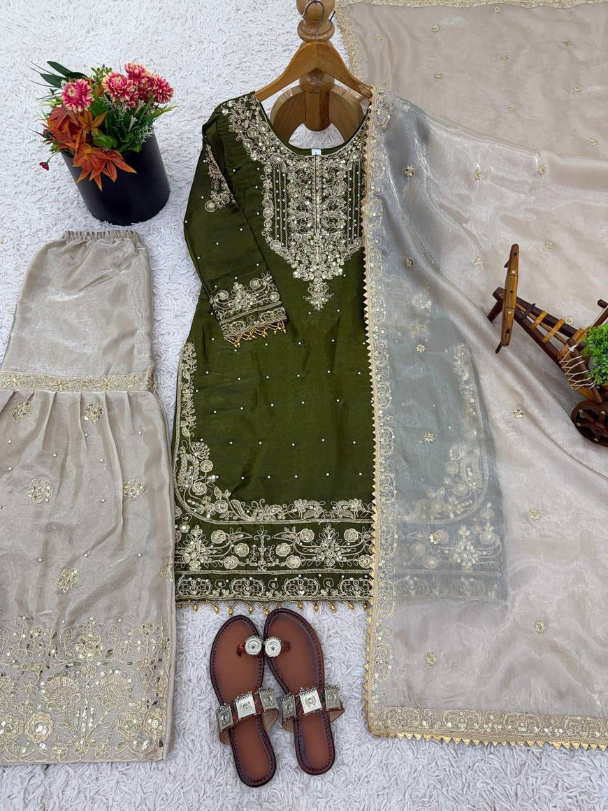 Designer GMY Silk Embroidered Top Plazzo Dupatta Set