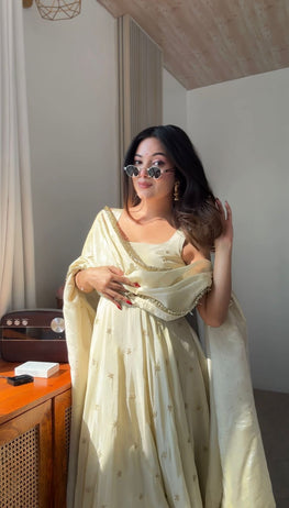 Designer Cosmos Gold Embroidered Gown Set (Code: 5325)