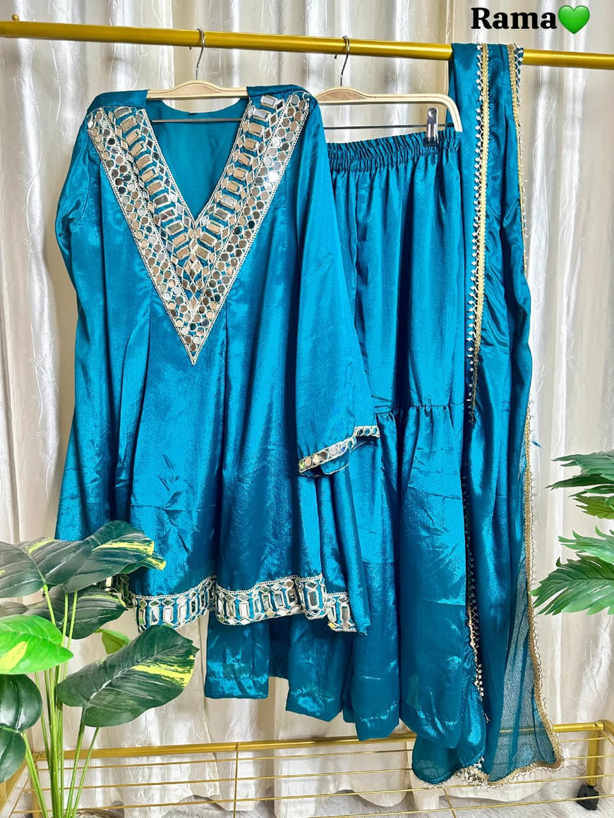 Designer Chinon Silk Peplum Dress with Gharara & Dupatta