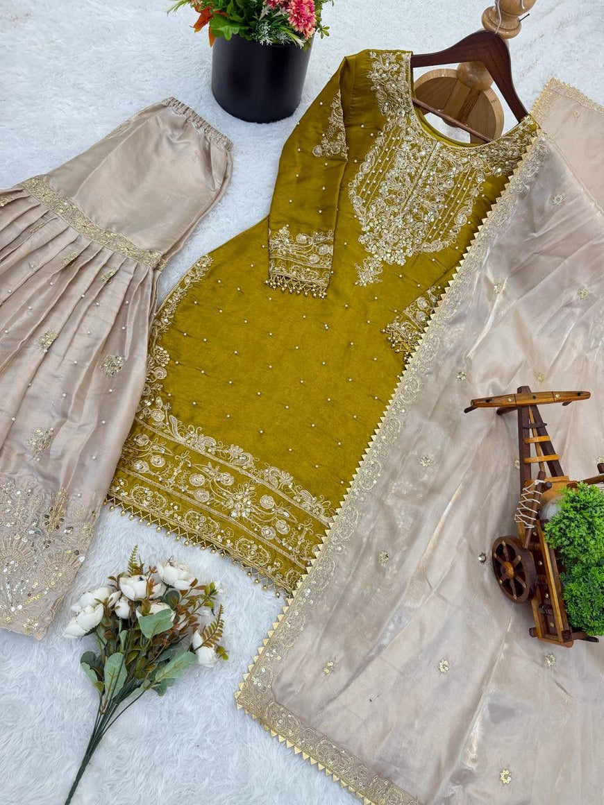 Designer GMY Silk Embroidered Top Plazzo Dupatta Set