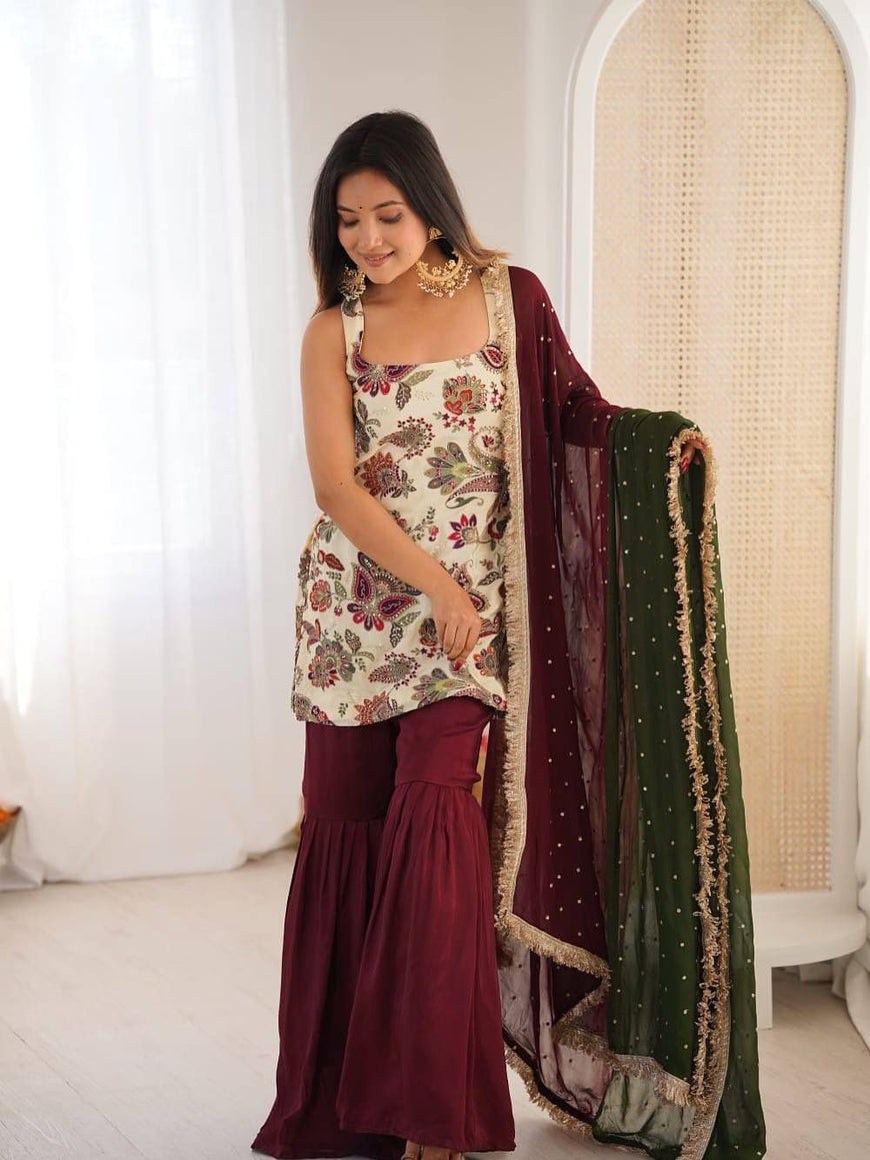Natural Silk Embroidered Kurti Sharara Set with Dupatta