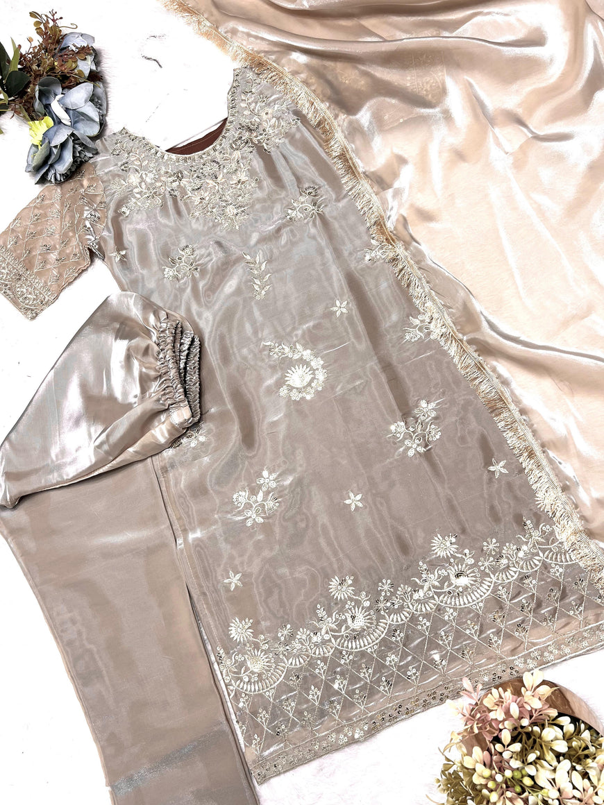 Ready-to-Wear Jimmy Chu Silk Embroidered Top Pant Set with Dupatta