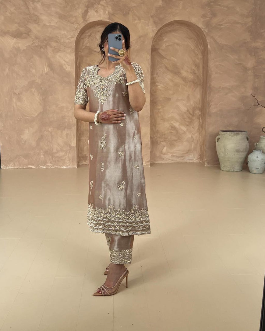 Ready-to-Wear Jimmy Chu Silk Embroidered Top Pant Set with Dupatta