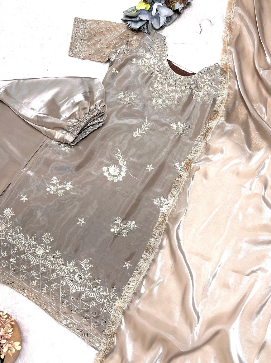 Ready-to-Wear Jimmy Chu Silk Embroidered Top Pant Set with Dupatta