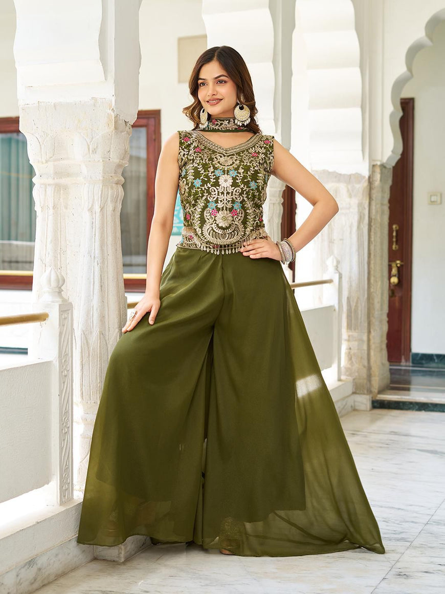 Designer Star Georgette Blouse Plazzo & Dupatta Set