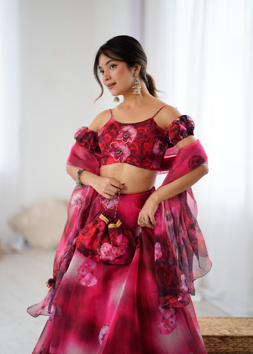 Exclusive Organza Digital Print Lehenga Set with Batwa Bag