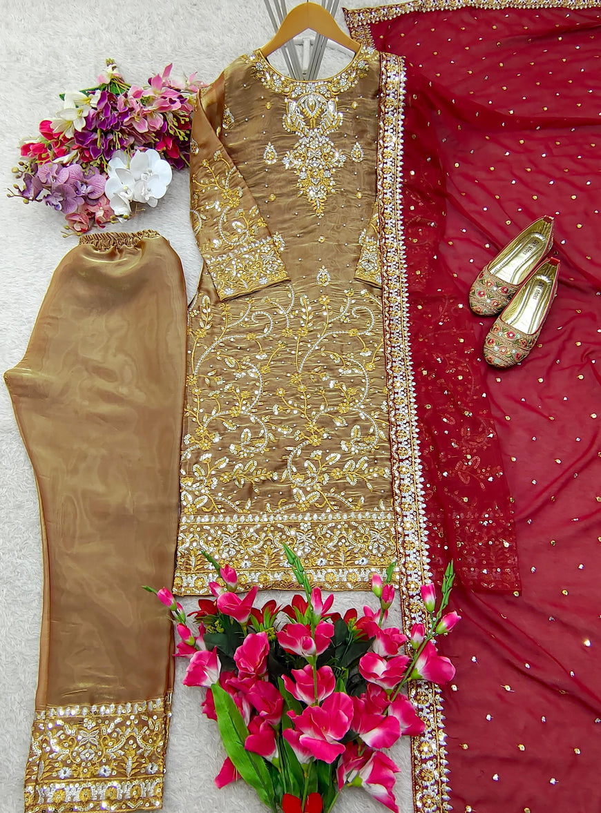 Zmy-Chu Silk Embroidered Top Pant Dupatta Set