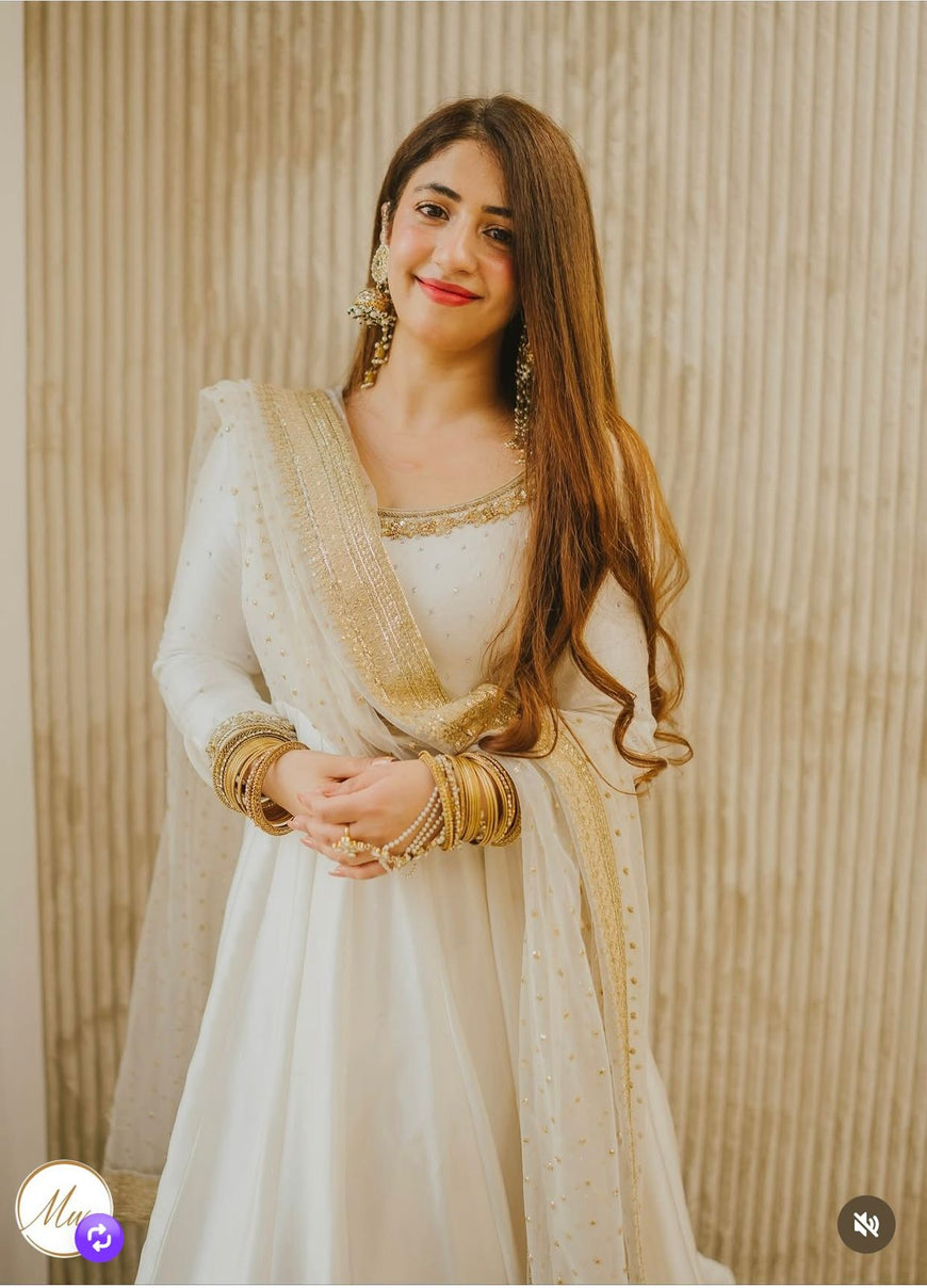 Cinon Silk Embroidered Gown Pant Dupatta Set