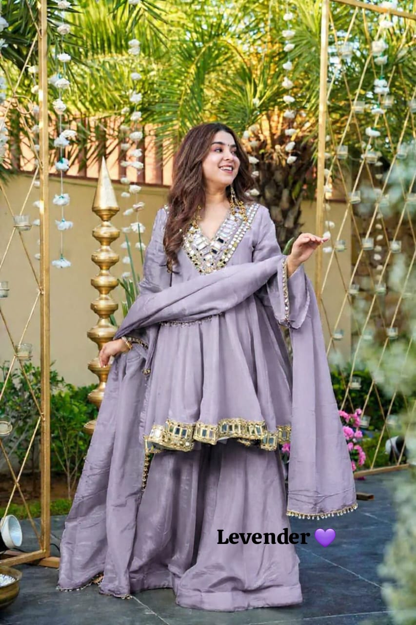 Designer Chinon Silk Peplum Dress with Gharara & Dupatta