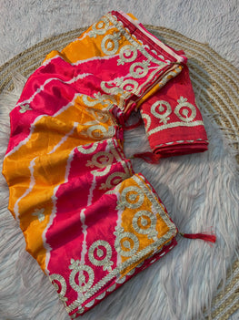 Soft Chinon Silk Lehriya Saree with Gota Work