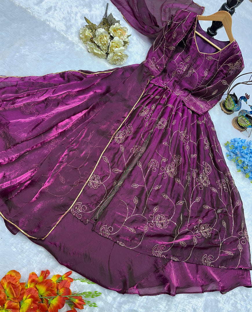 Designer Party Wear Gown with Lehenga and Embroidery Work