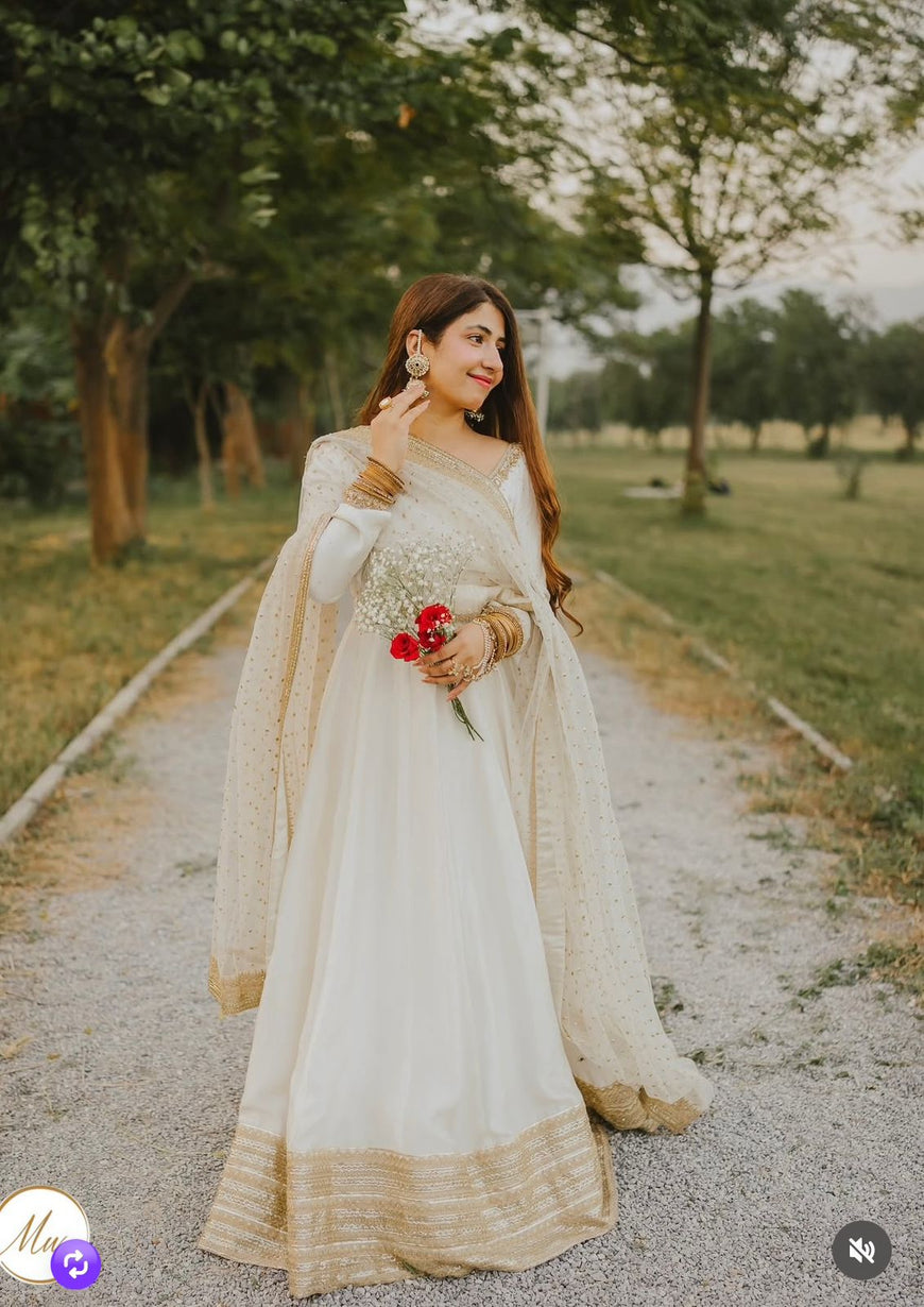 Cinon Silk Embroidered Gown Pant Dupatta Set