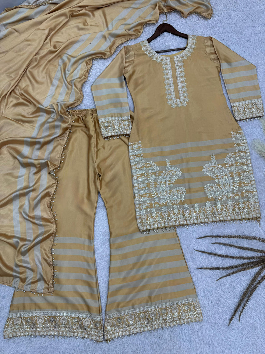 Embroidered Chinon Silk Top Plazzo Set with Dupatta