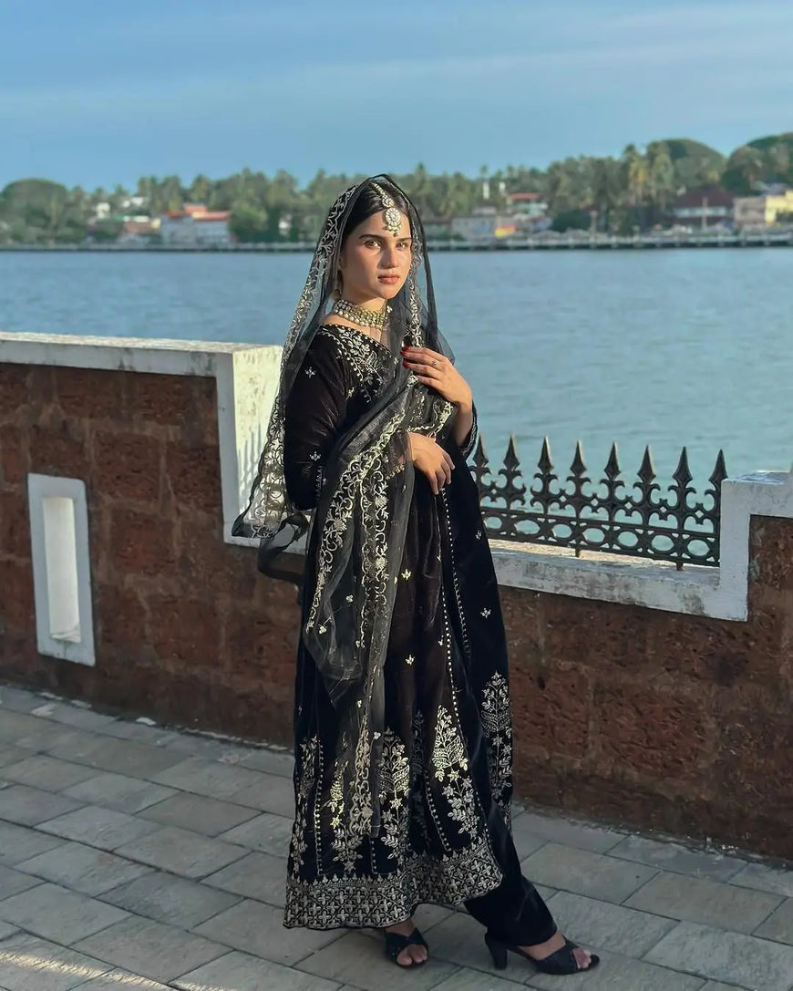 Designer Embroidered Velvet Anarkali Gown Set