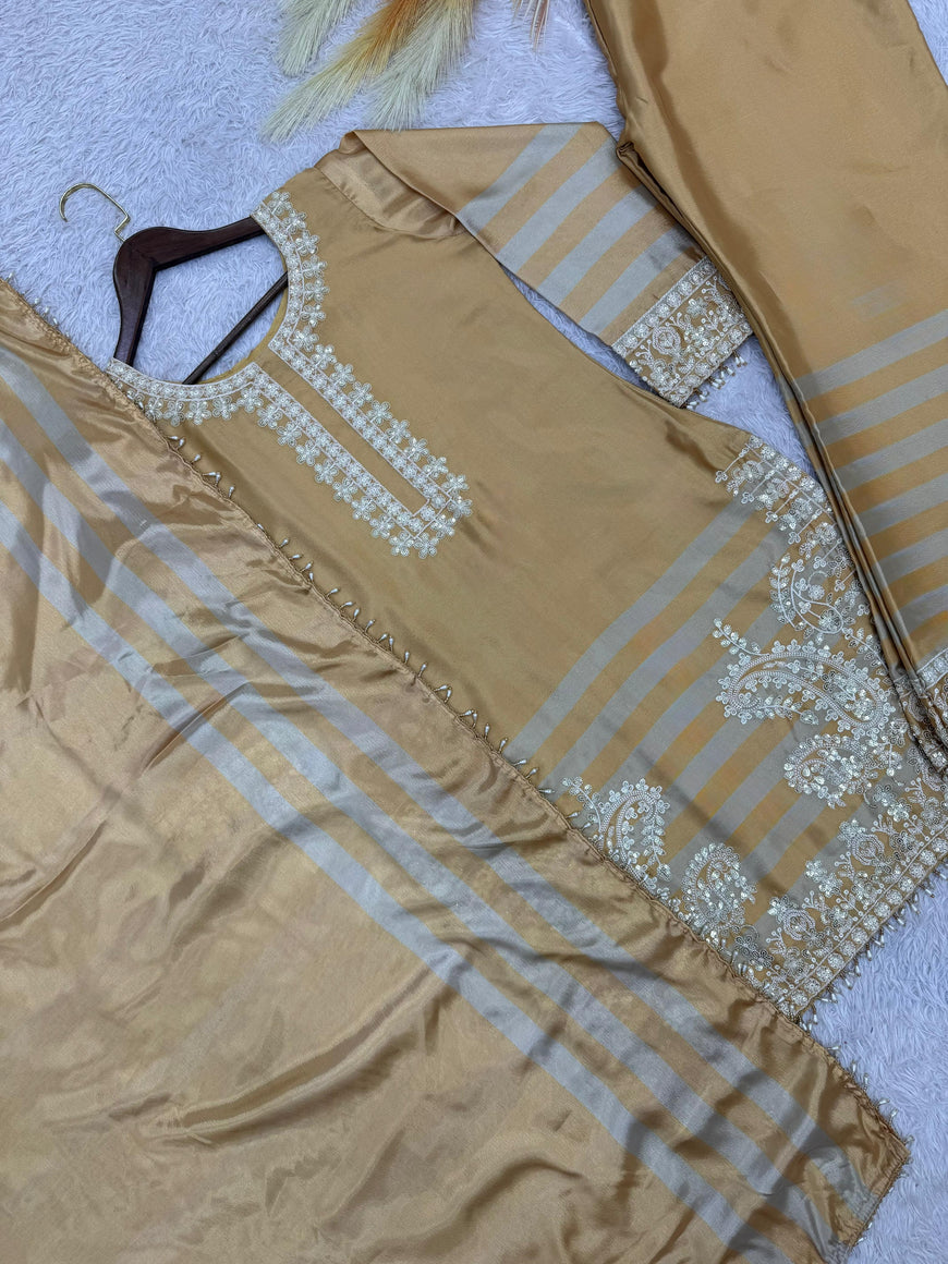 Embroidered Chinon Silk Top Plazzo Set with Dupatta