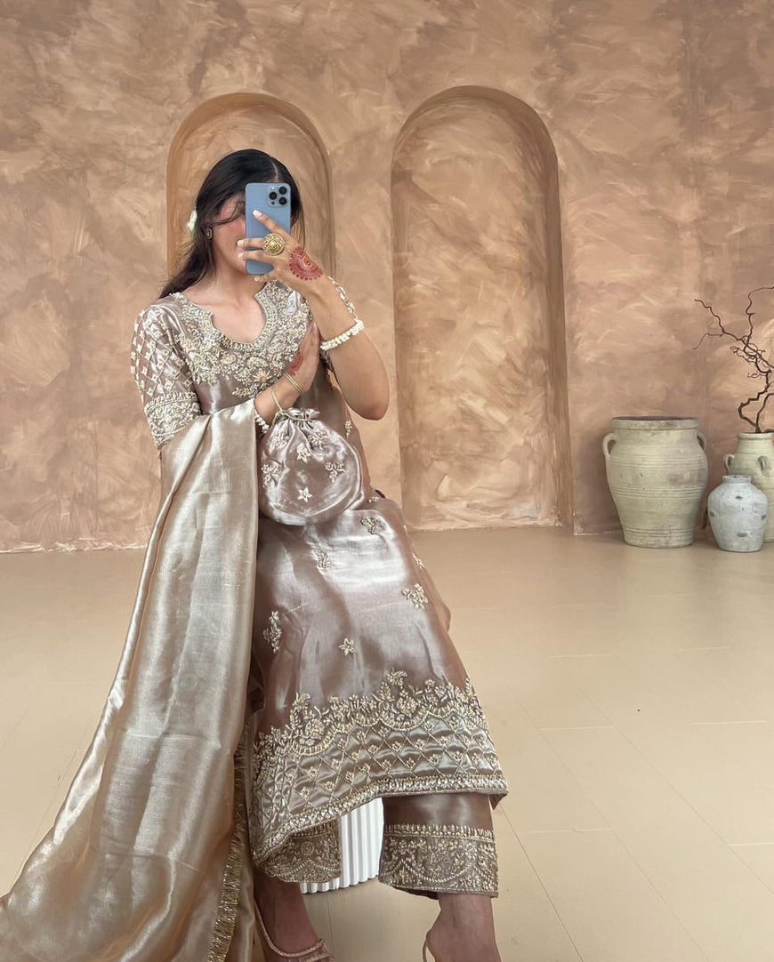 Ready-to-Wear Jimmy Chu Silk Embroidered Top Pant Set with Dupatta