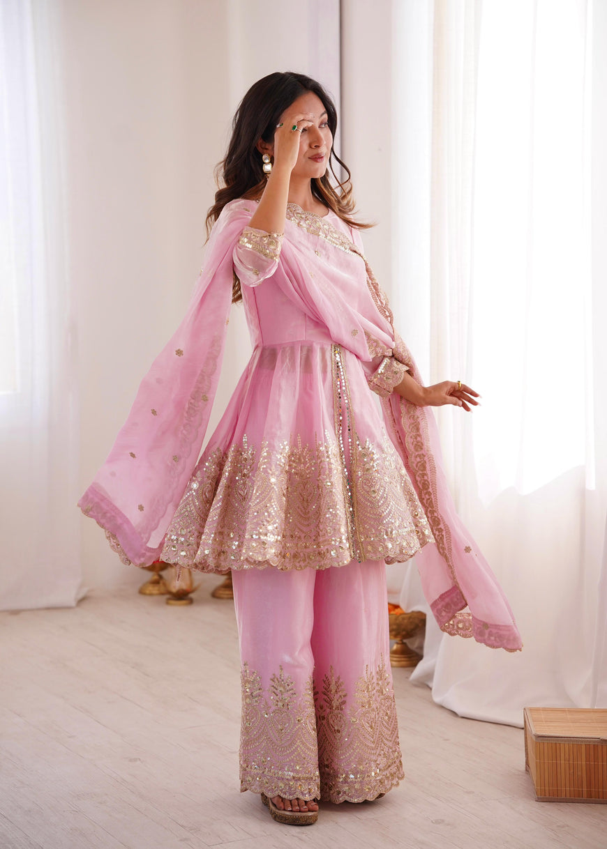 Designer Party Wear Fandy Silk Set with Mirror Work (Code: SSC-658)
