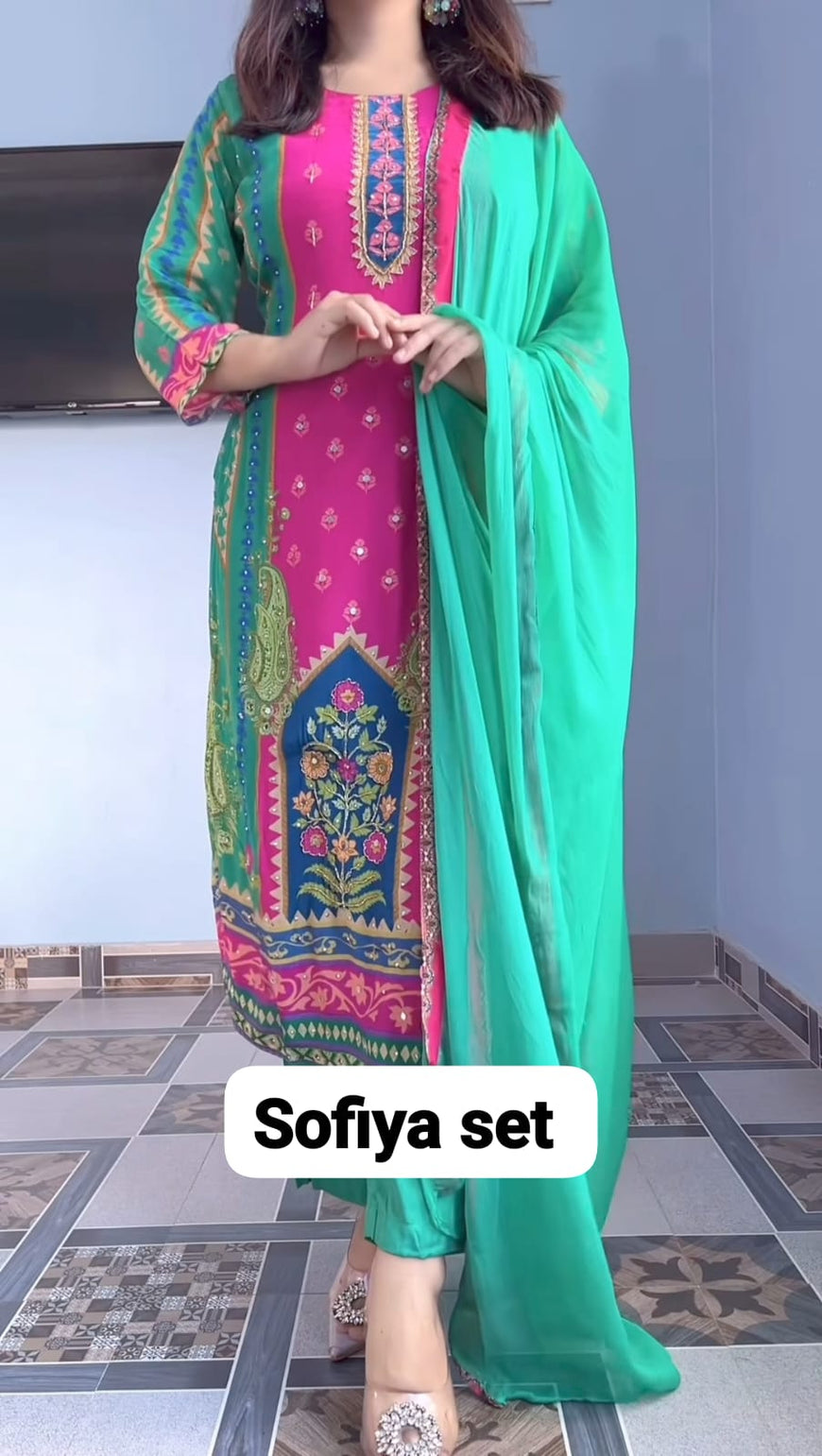 Sofiya Pure Chanderi Silk Suit Set with Dupatta & Pearl Mala