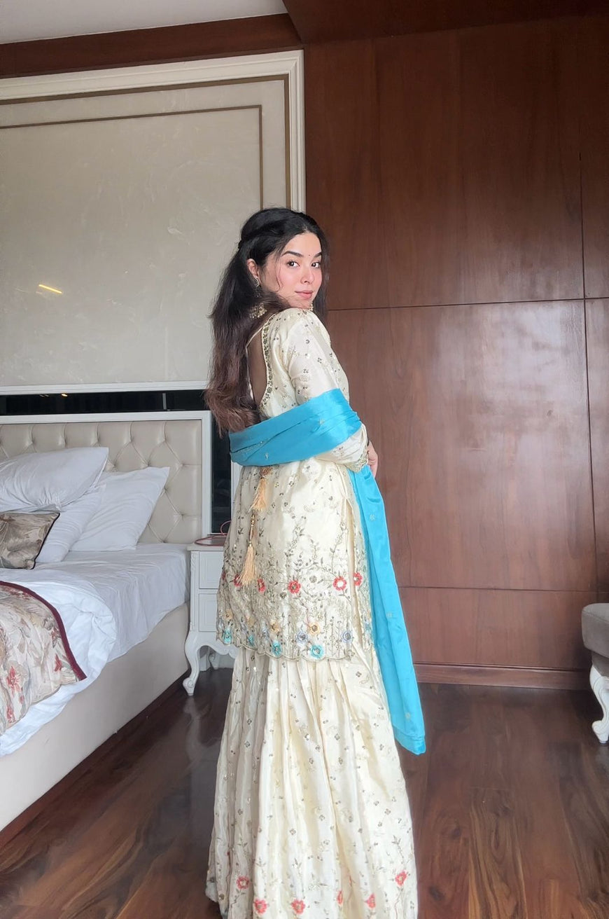 Ivory Chinon Embroidered Sharara Set with Dupatta