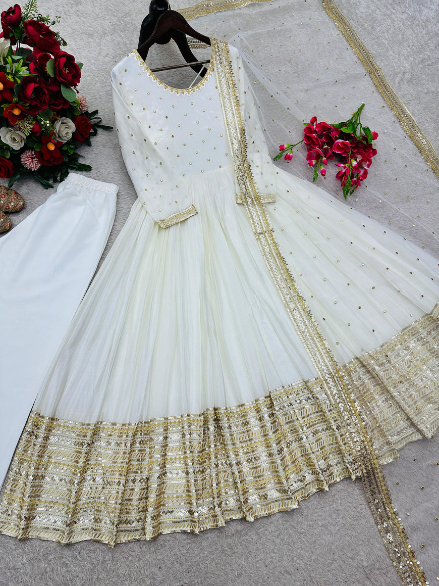 Cinon Silk Embroidered Gown Pant Dupatta Set