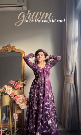 Designer Party Wear Gown with Lehenga and Embroidery Work