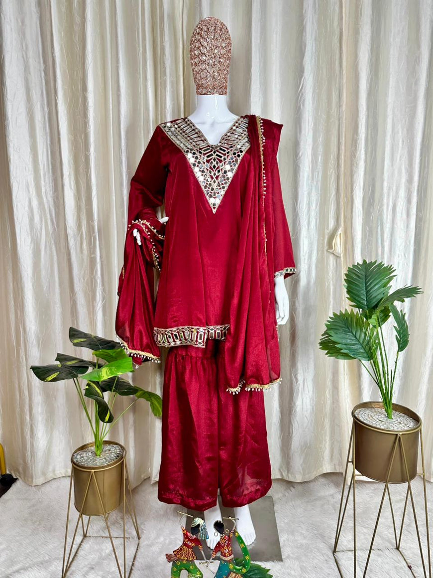 Designer Chinon Silk Peplum Dress with Gharara & Dupatta