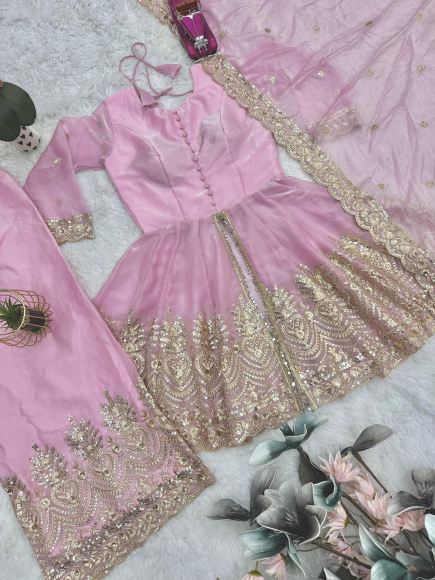 Designer Party Wear Fandy Silk Set with Mirror Work (Code: SSC-658)