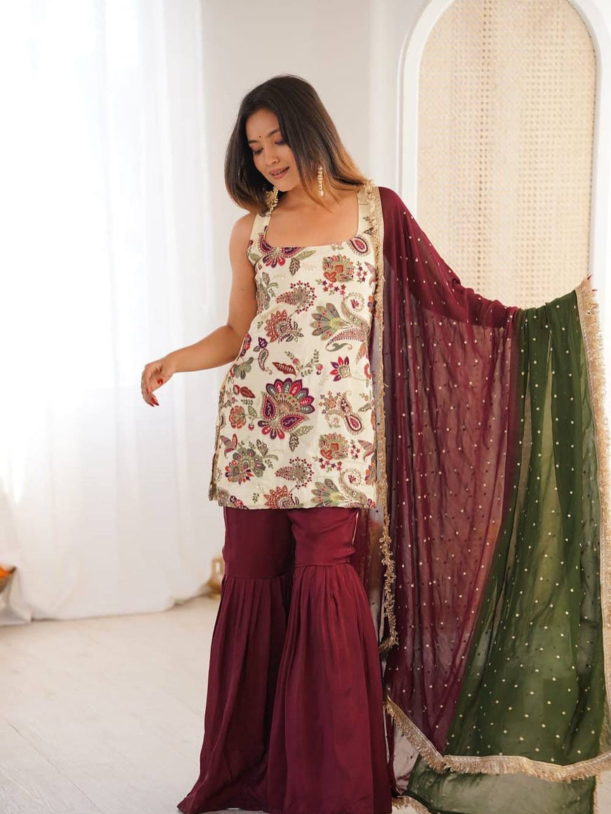 Natural Silk Embroidered Kurti Sharara Set with Dupatta