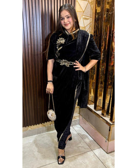 Indo-Western Embroidered Velvet Saree Set