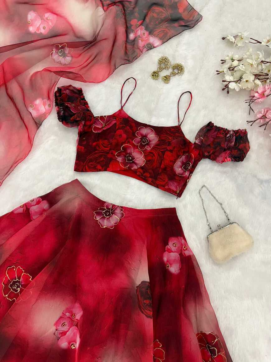 Exclusive Organza Digital Print Lehenga Set with Batwa Bag