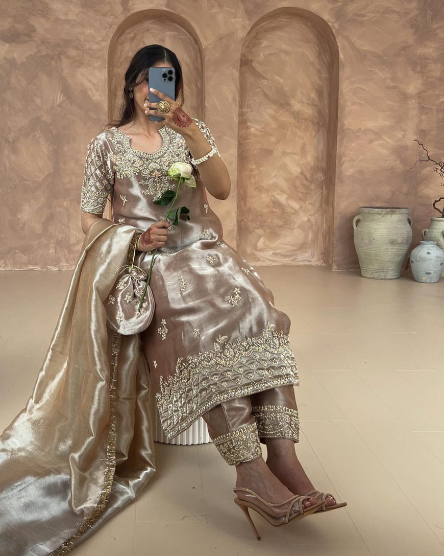 Ready-to-Wear Jimmy Chu Silk Embroidered Top Pant Set with Dupatta