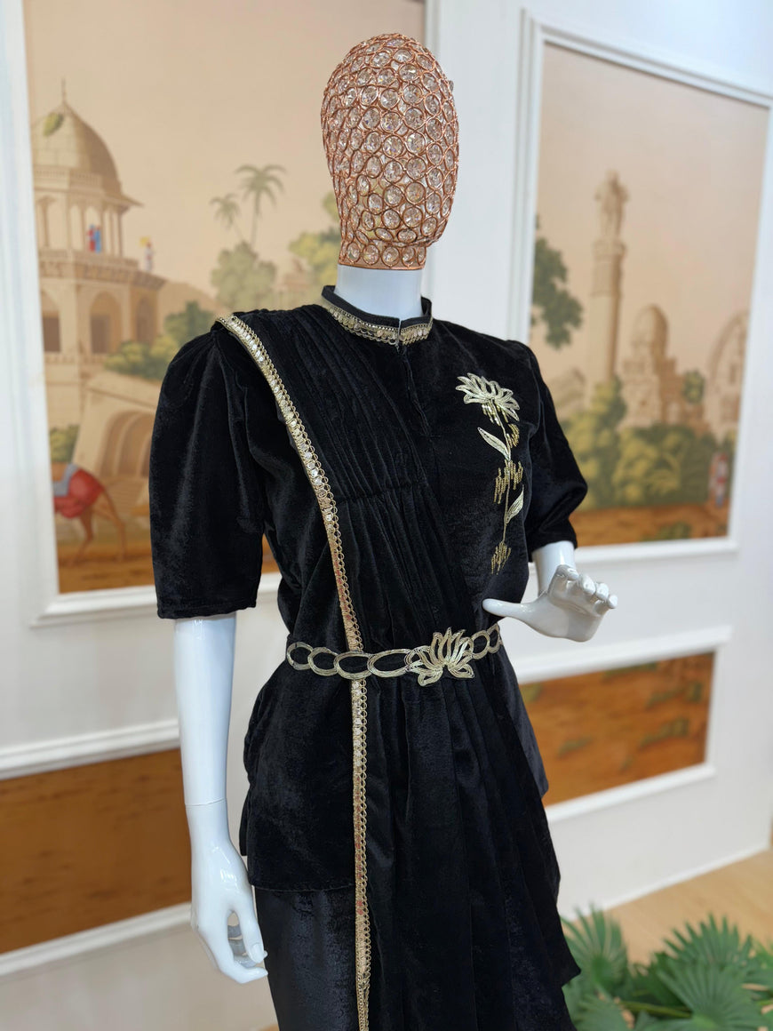 Indo-Western Embroidered Velvet Saree Set