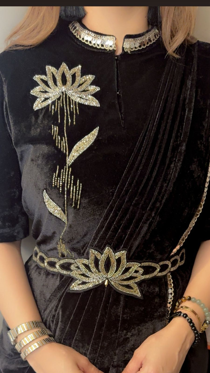 Indo-Western Embroidered Velvet Saree Set