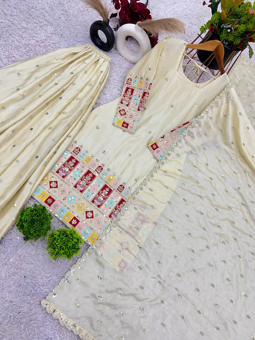 Heavy Embroidery Chinon Silk Top Gharara Dupatta Set