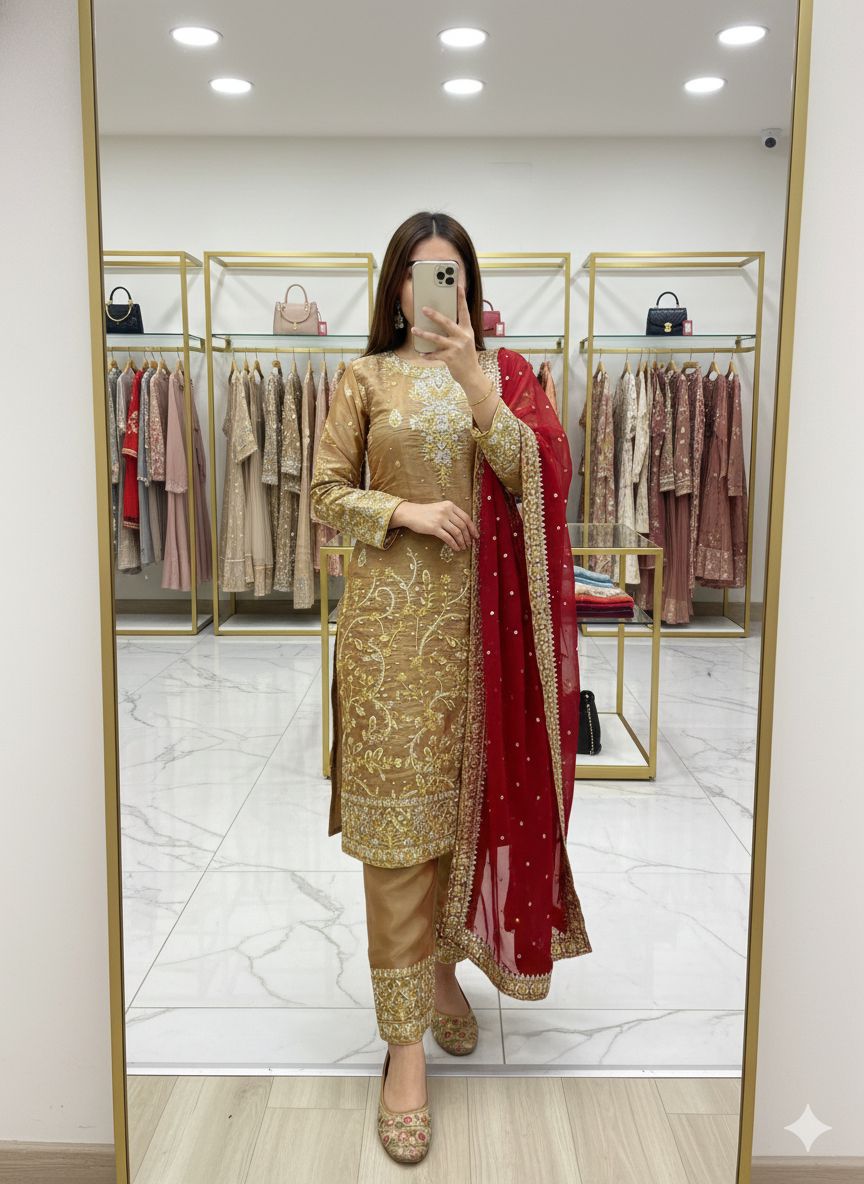 Zmy-Chu Silk Embroidered Top Pant Dupatta Set