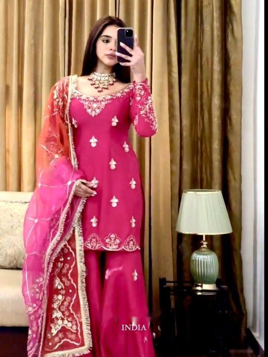 Designer Cinon Silk Top, Sharara & Dupatta Set