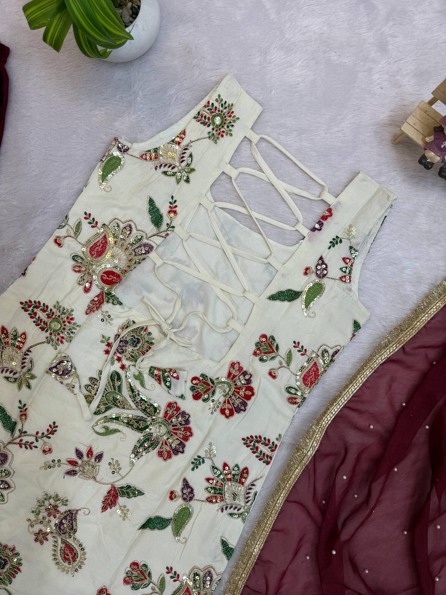 Natural Silk Embroidered Kurti Sharara Set with Dupatta