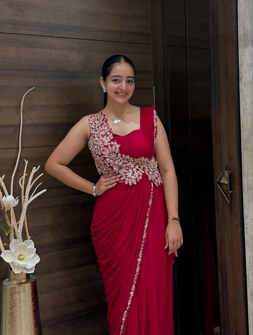 Ready to Wear Embroidered Rangoli Saree with Stitched Blouse