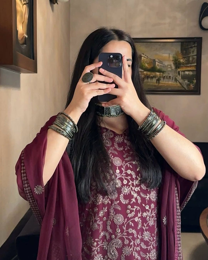 Fancy Faux Georgette Sequence Embroidered Top Pant Set with Dupatta