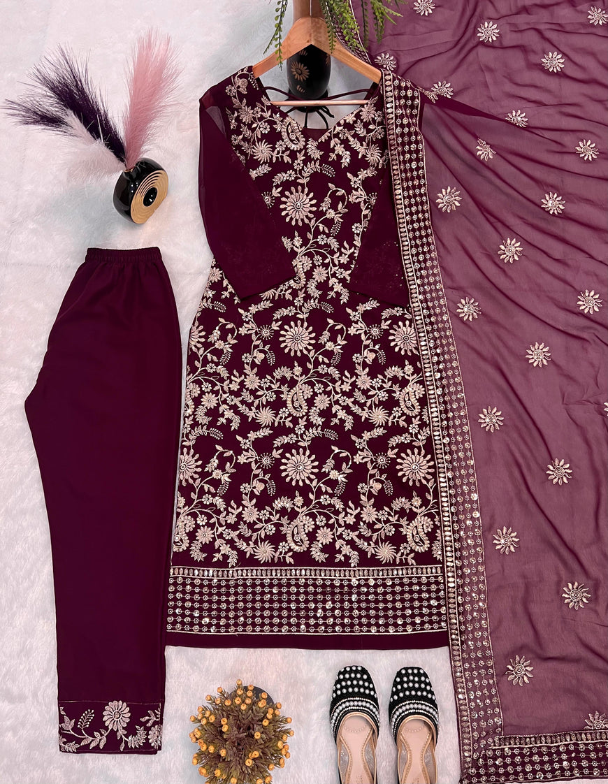 Fancy Faux Georgette Sequence Embroidered Top Pant Set with Dupatta