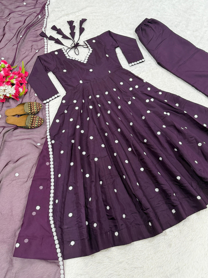 Designer Roman Silk Embroidered Anarkali Suit Set