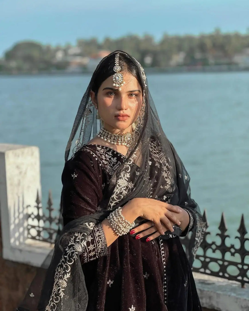 Designer Embroidered Velvet Anarkali Gown Set