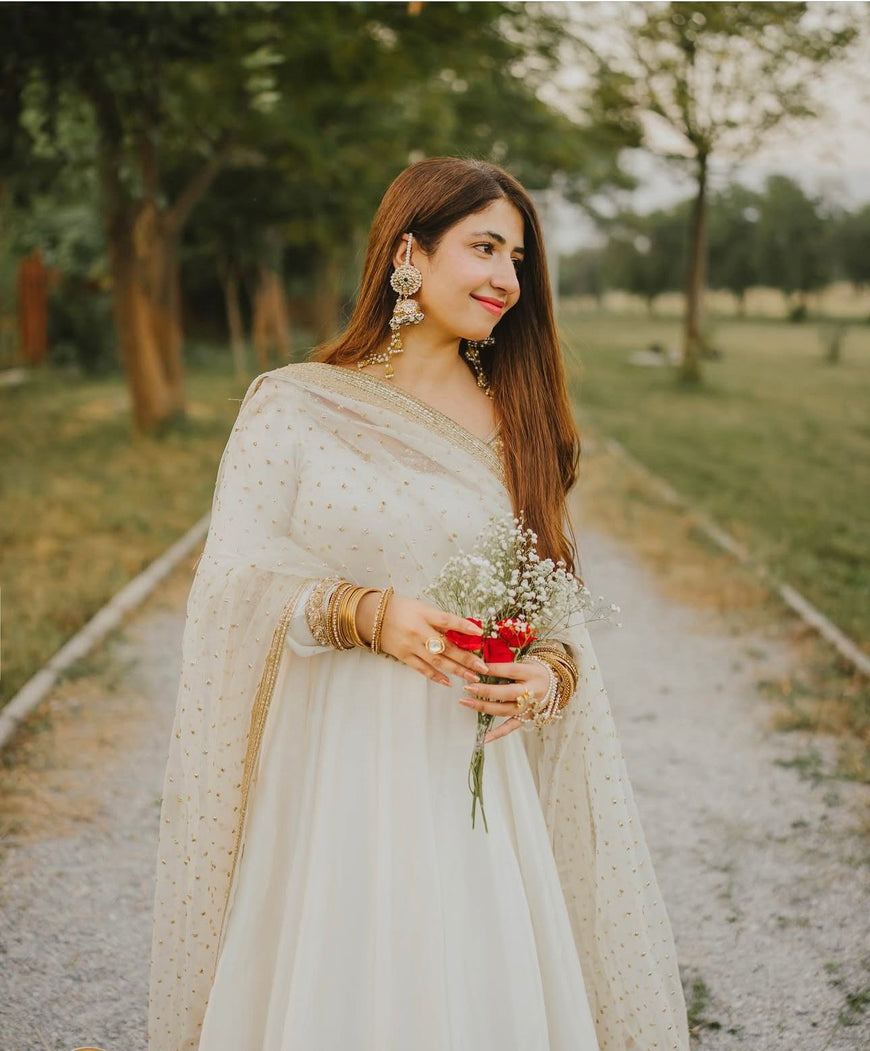 Cinon Silk Embroidered Gown Pant Dupatta Set