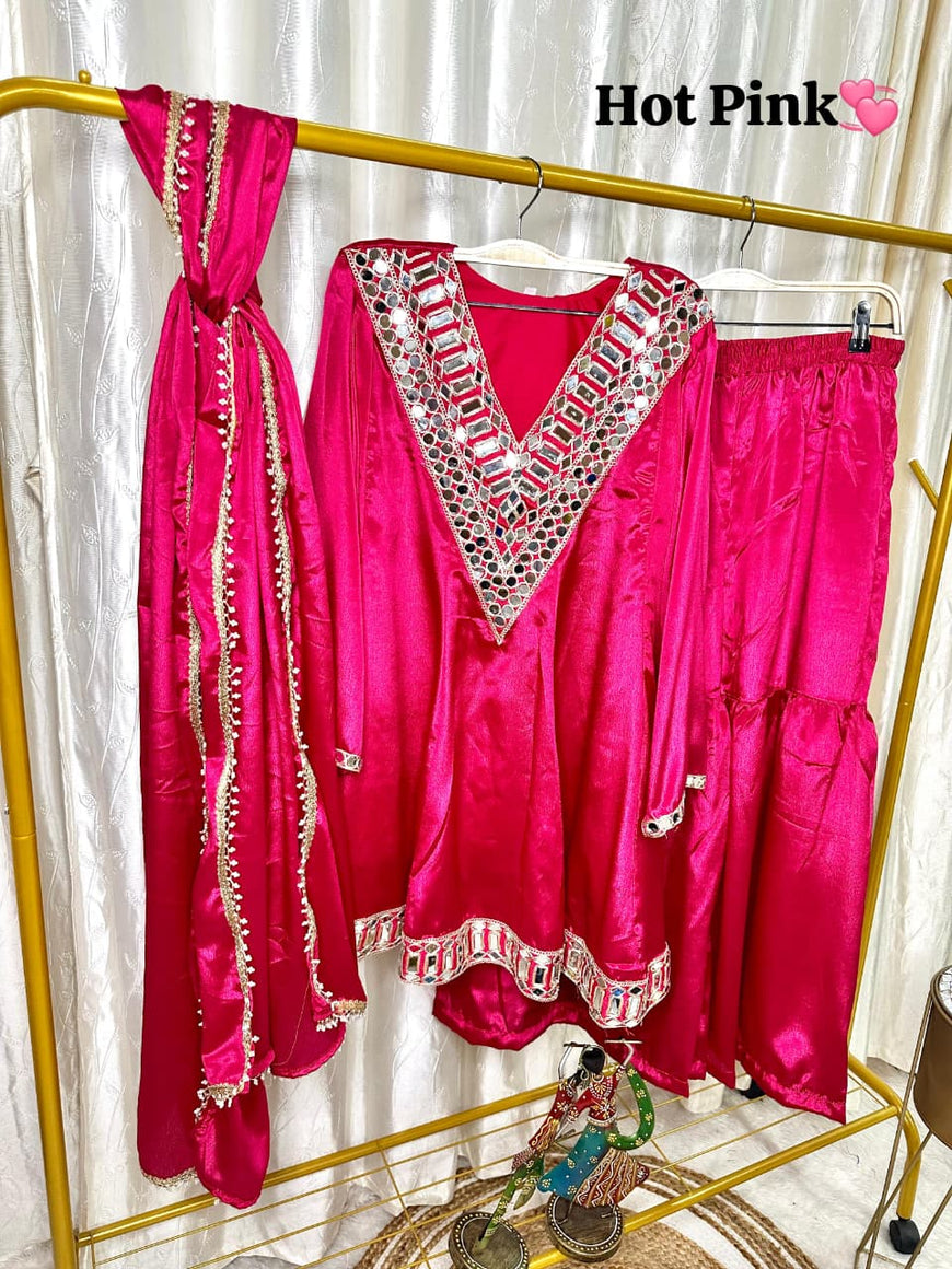 Designer Chinon Silk Peplum Dress with Gharara & Dupatta