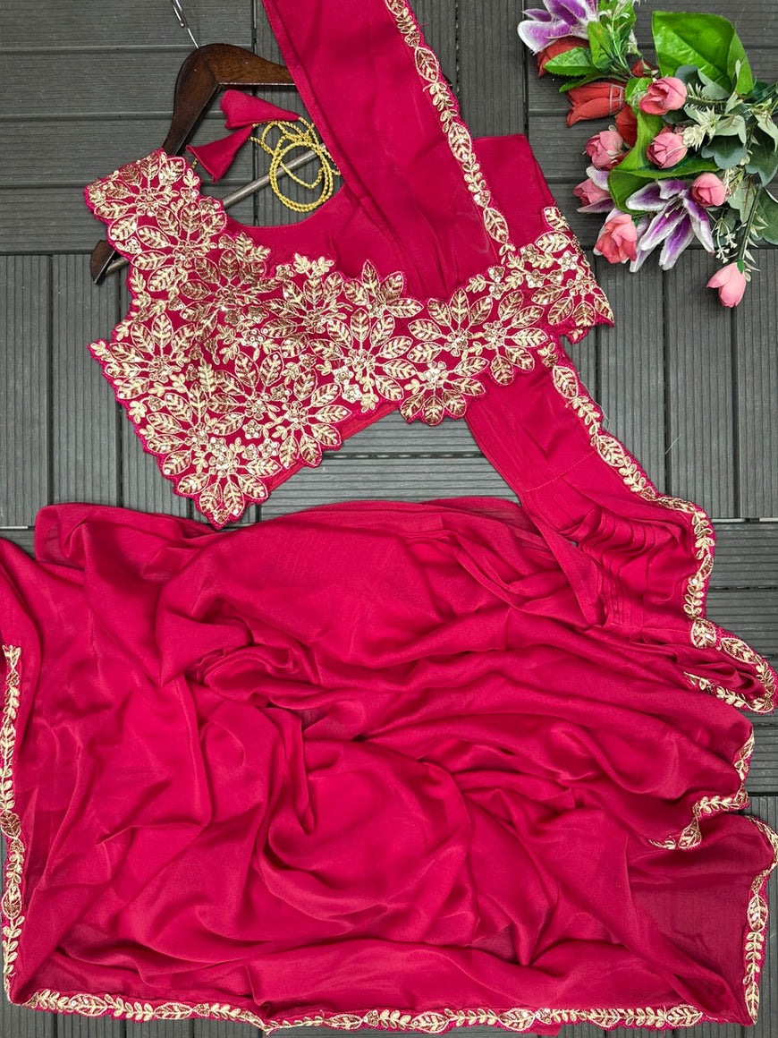 Ready to Wear Embroidered Rangoli Saree with Stitched Blouse