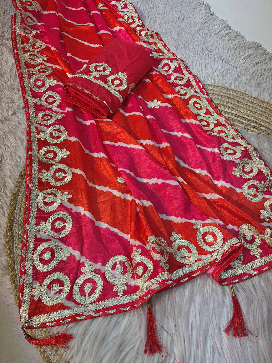Soft Chinon Silk Lehriya Saree with Gota Work