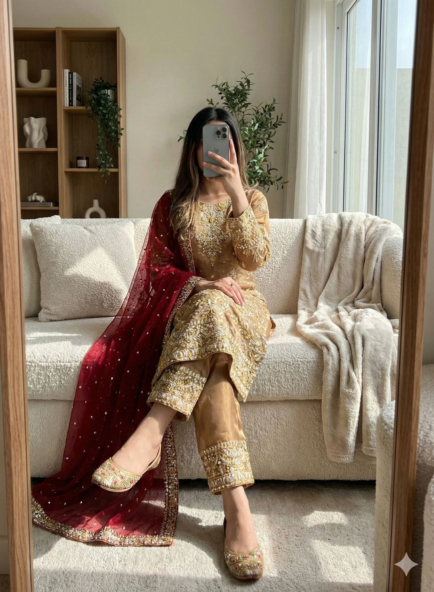 Zmy-Chu Silk Embroidered Top Pant Dupatta Set