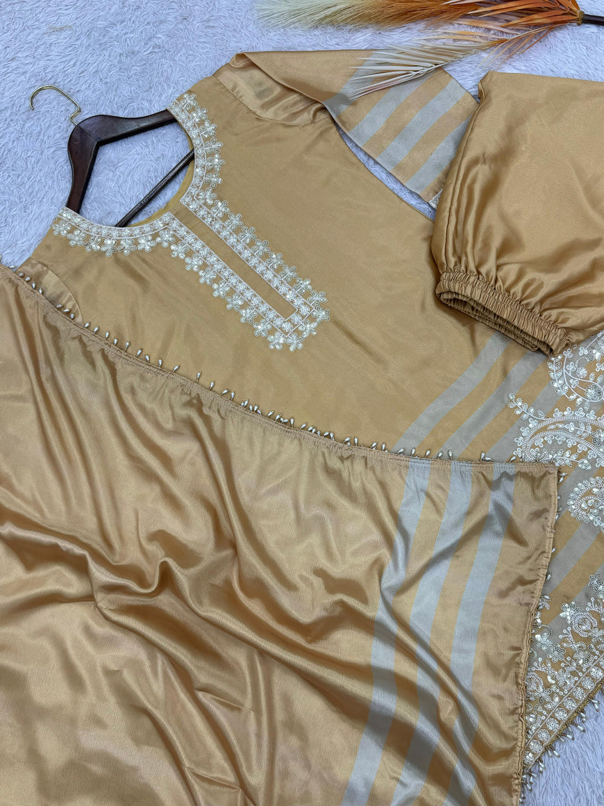 Embroidered Chinon Silk Top Plazzo Set with Dupatta